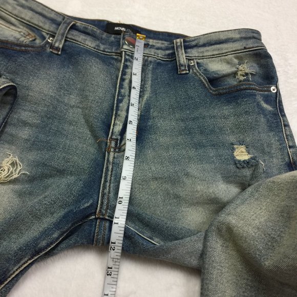 New! Fashion Nova Men Skinny Jeans 34x32 Distressed Ankle Zip Blue Denim Stretch - Picture 12 of 13